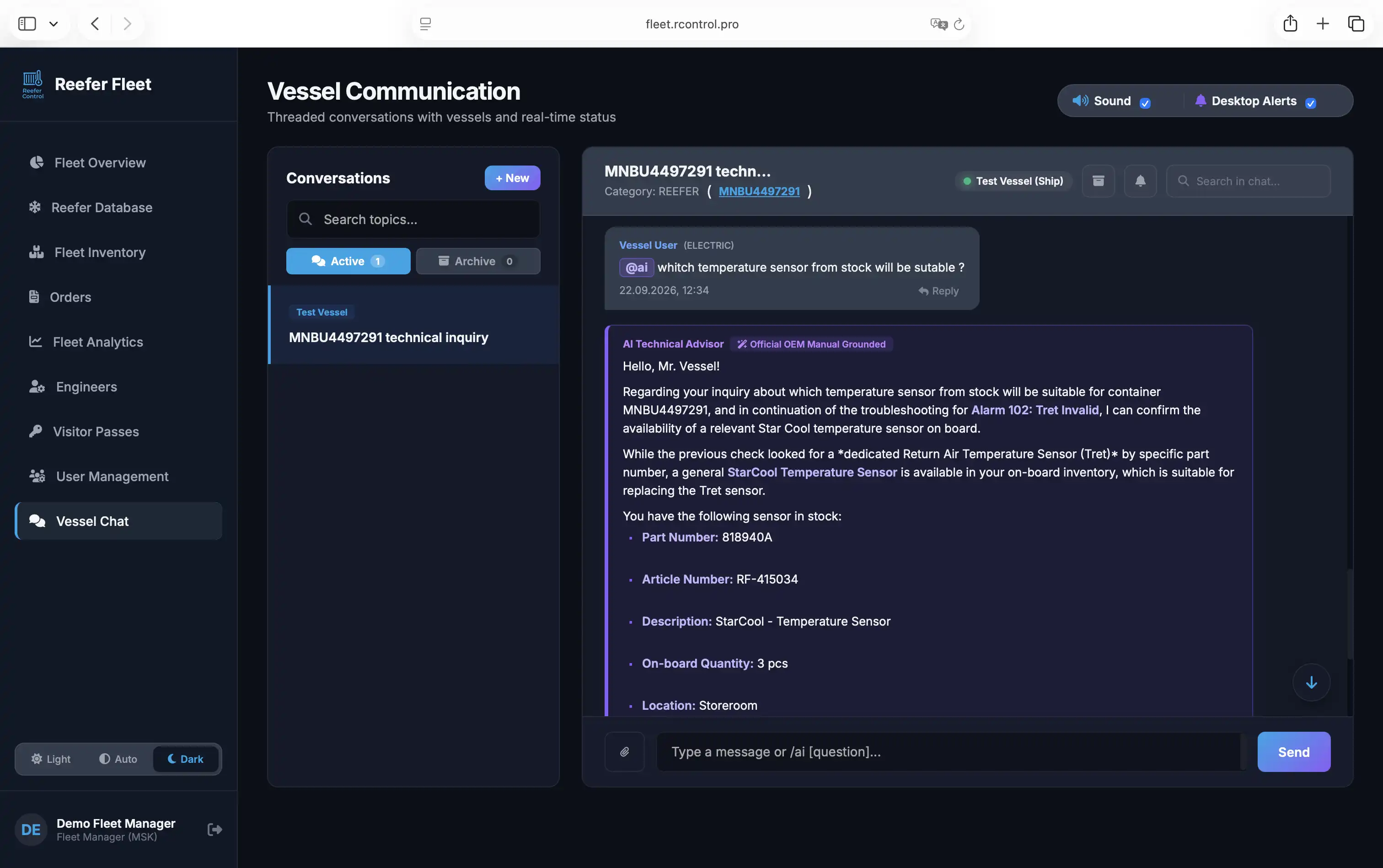 ReeferControl Fleet Dashboard — Ship-to-Shore Communication Hub
