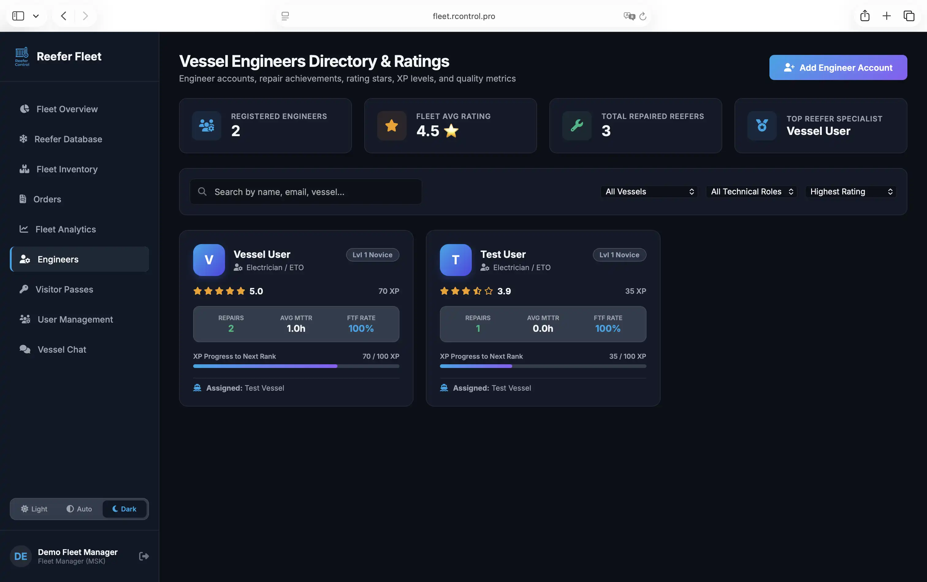 ReeferControl Fleet Dashboard — Vessel Engineers Ratings & Inspection Quality