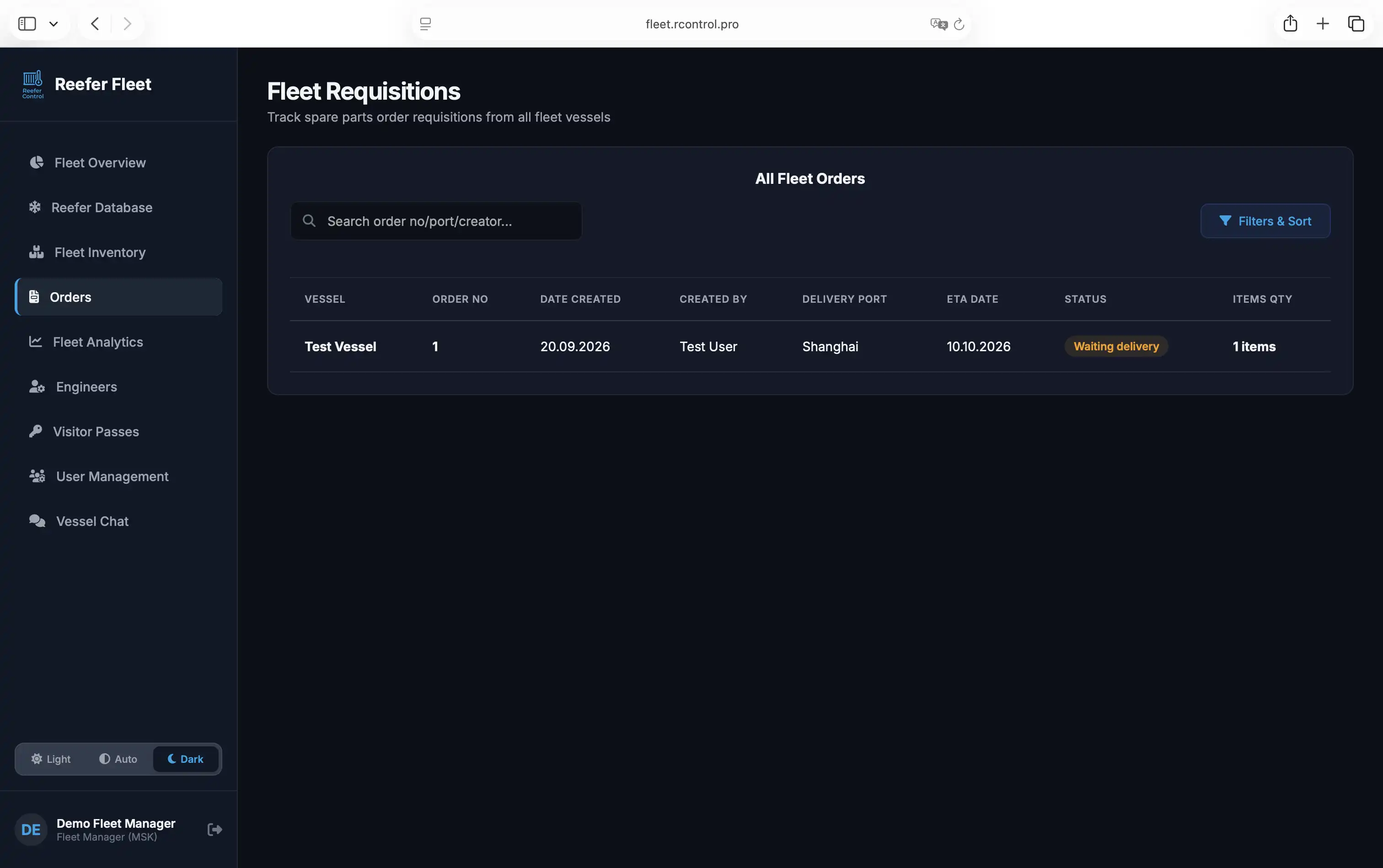 ReeferControl Fleet Dashboard — Fleet Procurement & Requisition Orders
