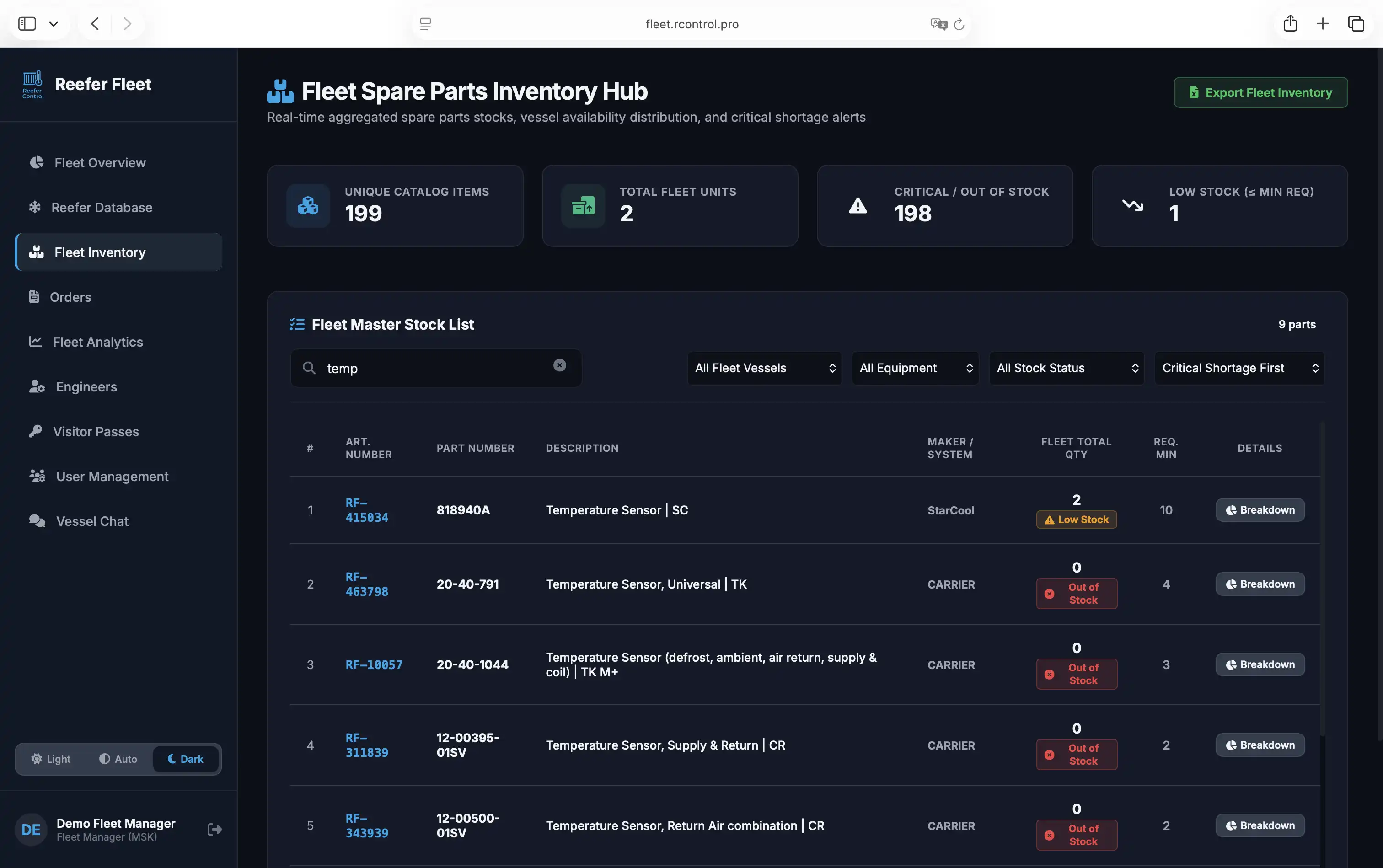 ReeferControl Fleet Dashboard — Fleet-Wide Spare Parts Tracking