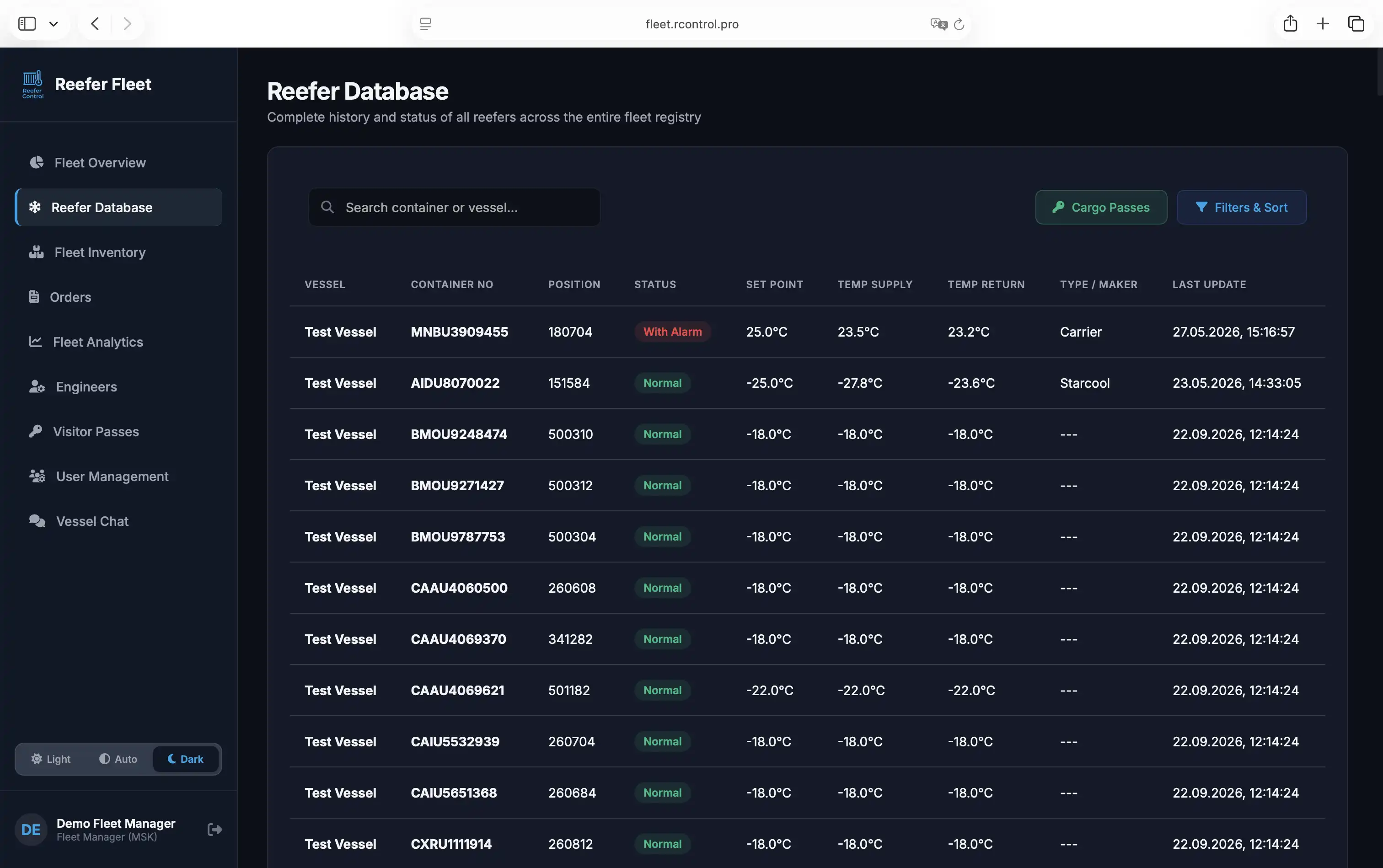 ReeferControl Fleet Dashboard — Worldwide Active Reefer Inventory