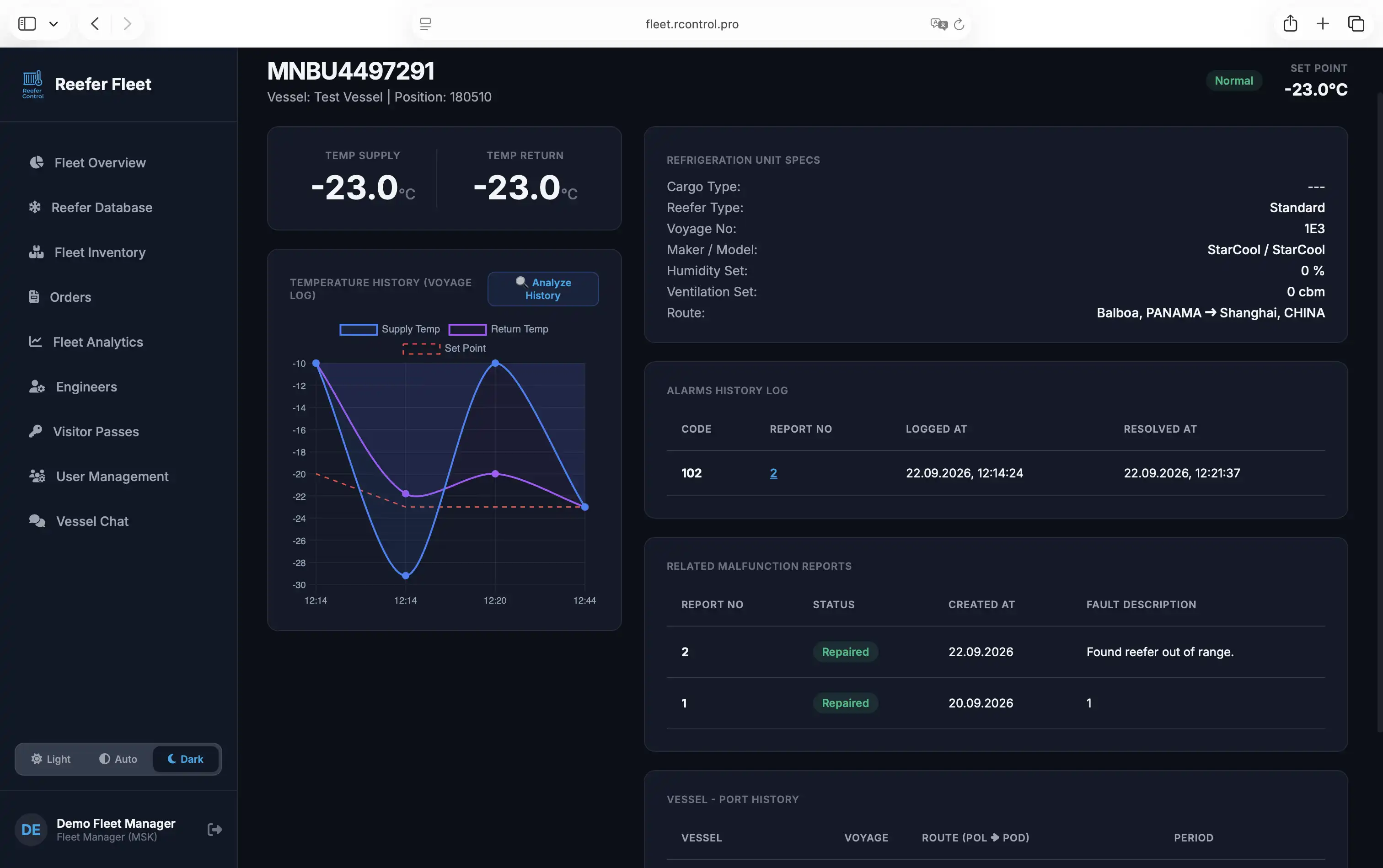 ReeferControl Fleet Dashboard — Real-Time Reefer Diagnostics & History