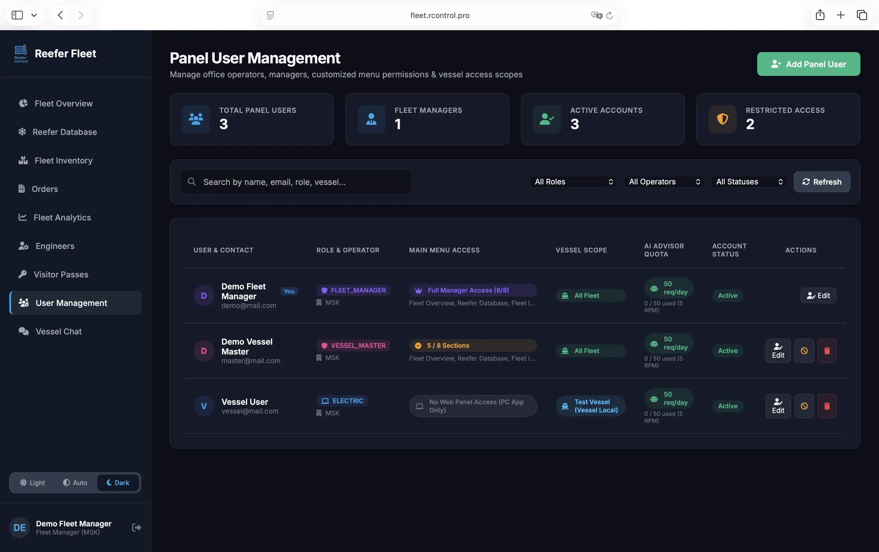 ReeferControl Fleet Dashboard — User Access & Role Permissions