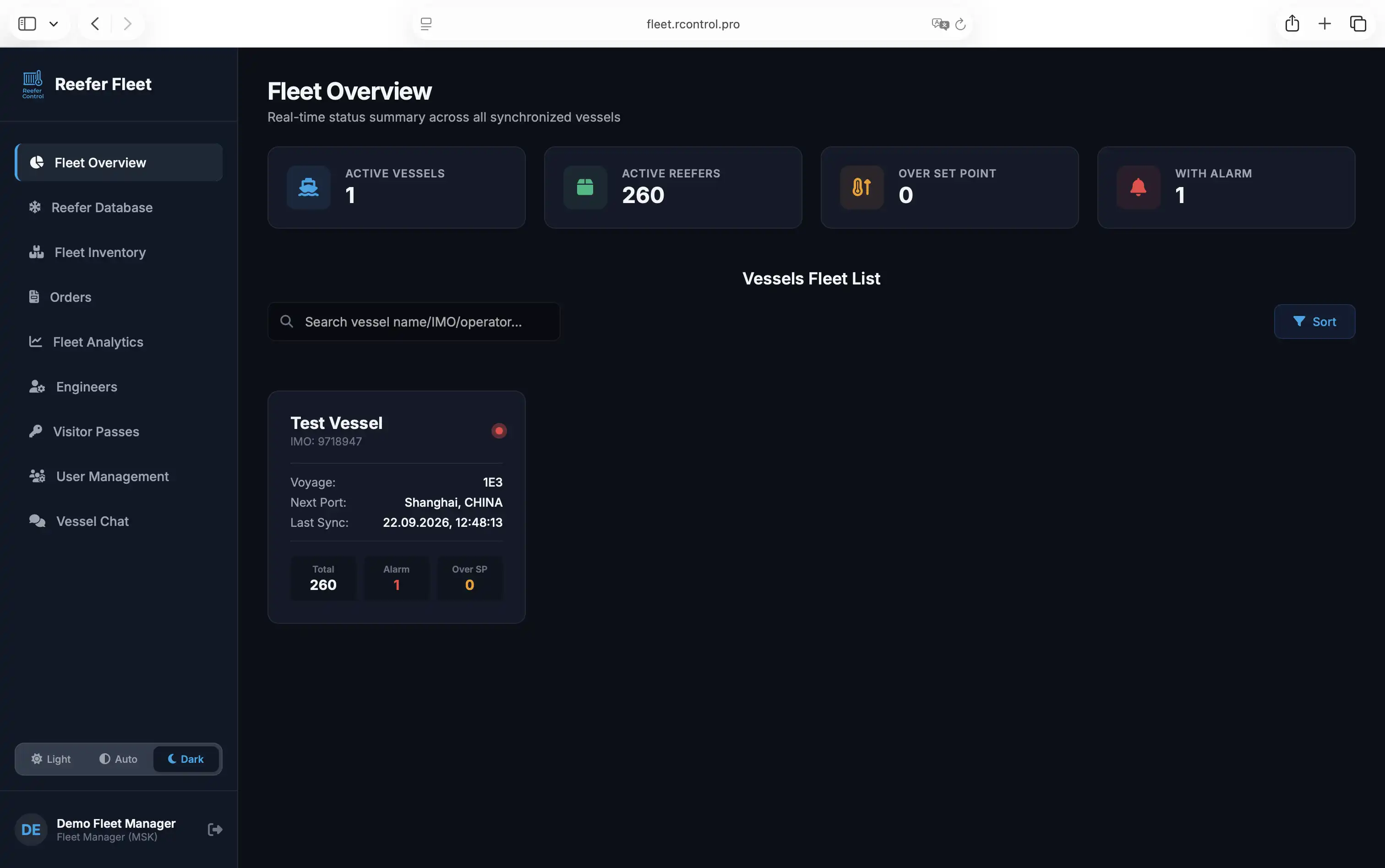 ReeferControl Fleet Dashboard — Worldwide Fleet Vessels Registry