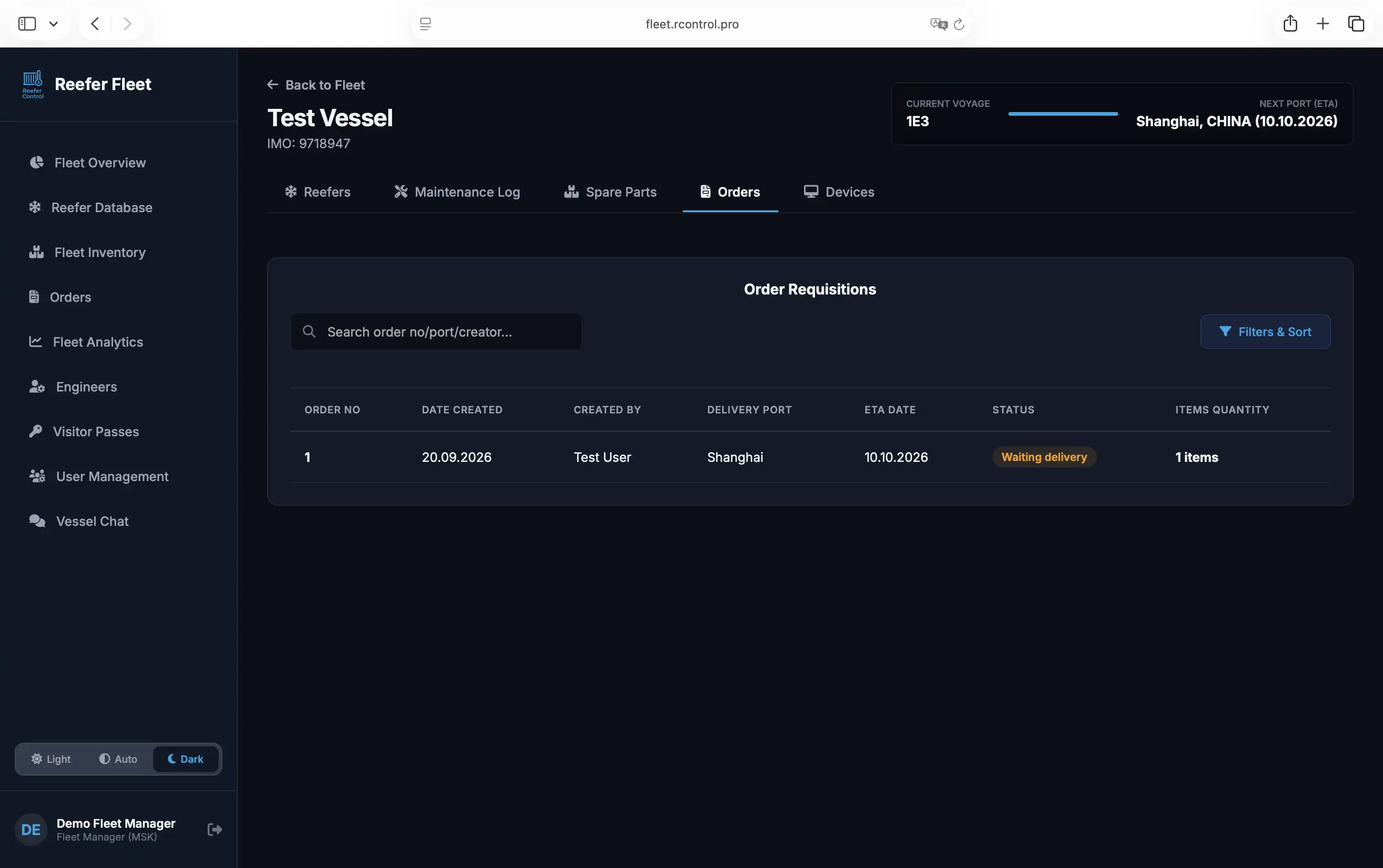 ReeferControl Fleet Dashboard — Vessel Purchase Requisition Orders