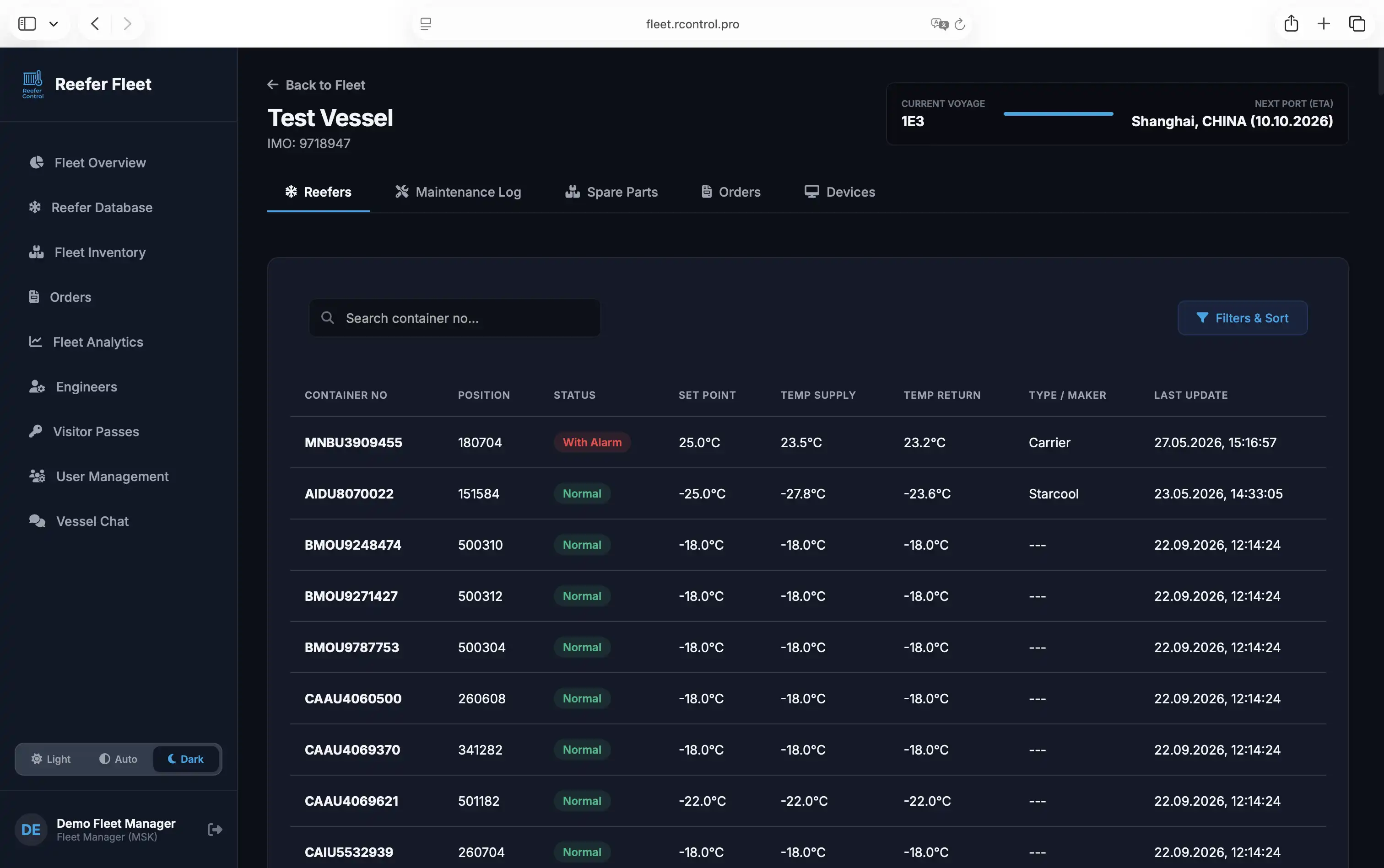 ReeferControl Fleet Dashboard — On-board Reefer Bay Manifest