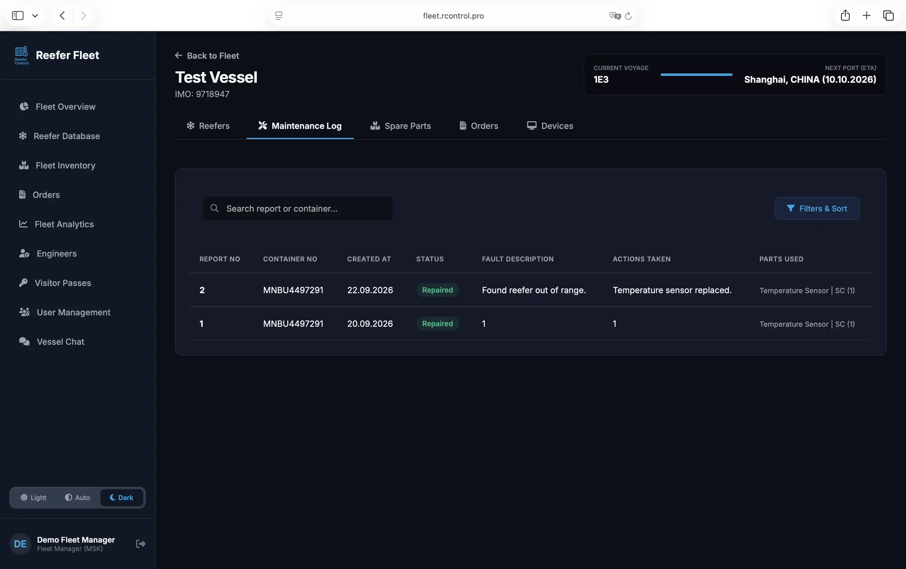 ReeferControl Fleet Dashboard — Vessel Malfunction Reports