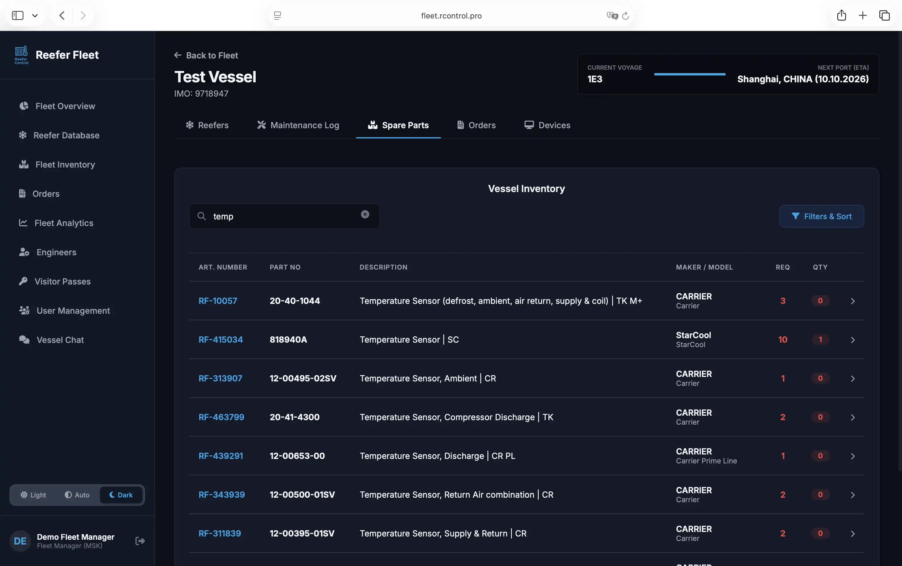 ReeferControl Fleet Dashboard — Shipboard Bin Inventory & Stock Levels