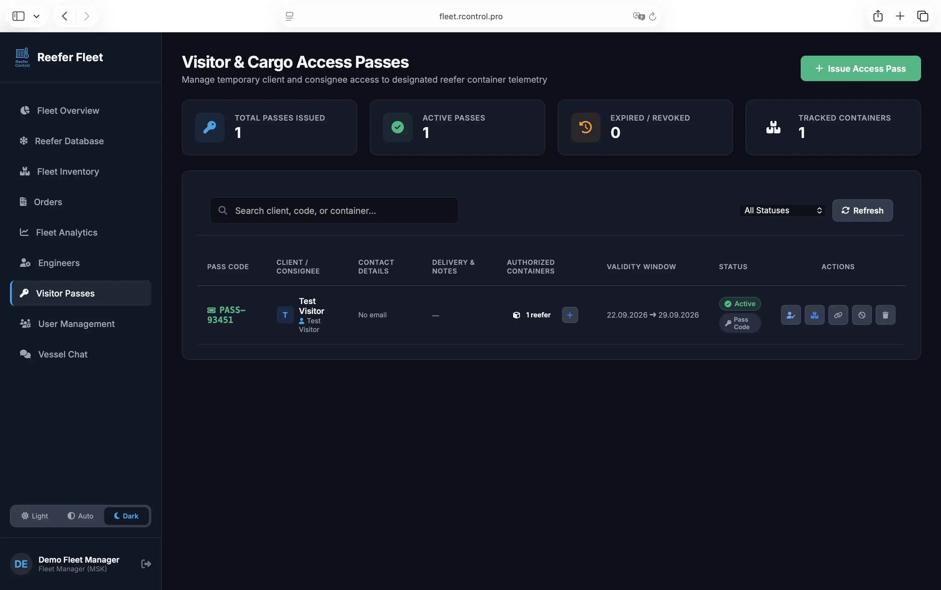 ReeferControl Fleet Dashboard — Temporary Visitor Passes