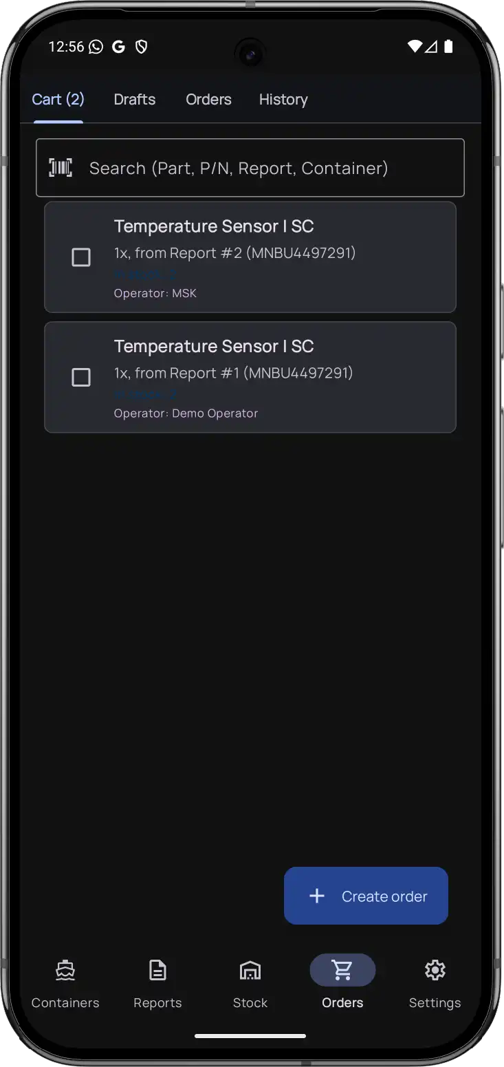 ReeferControl Android Mobile App — Requisition Cart