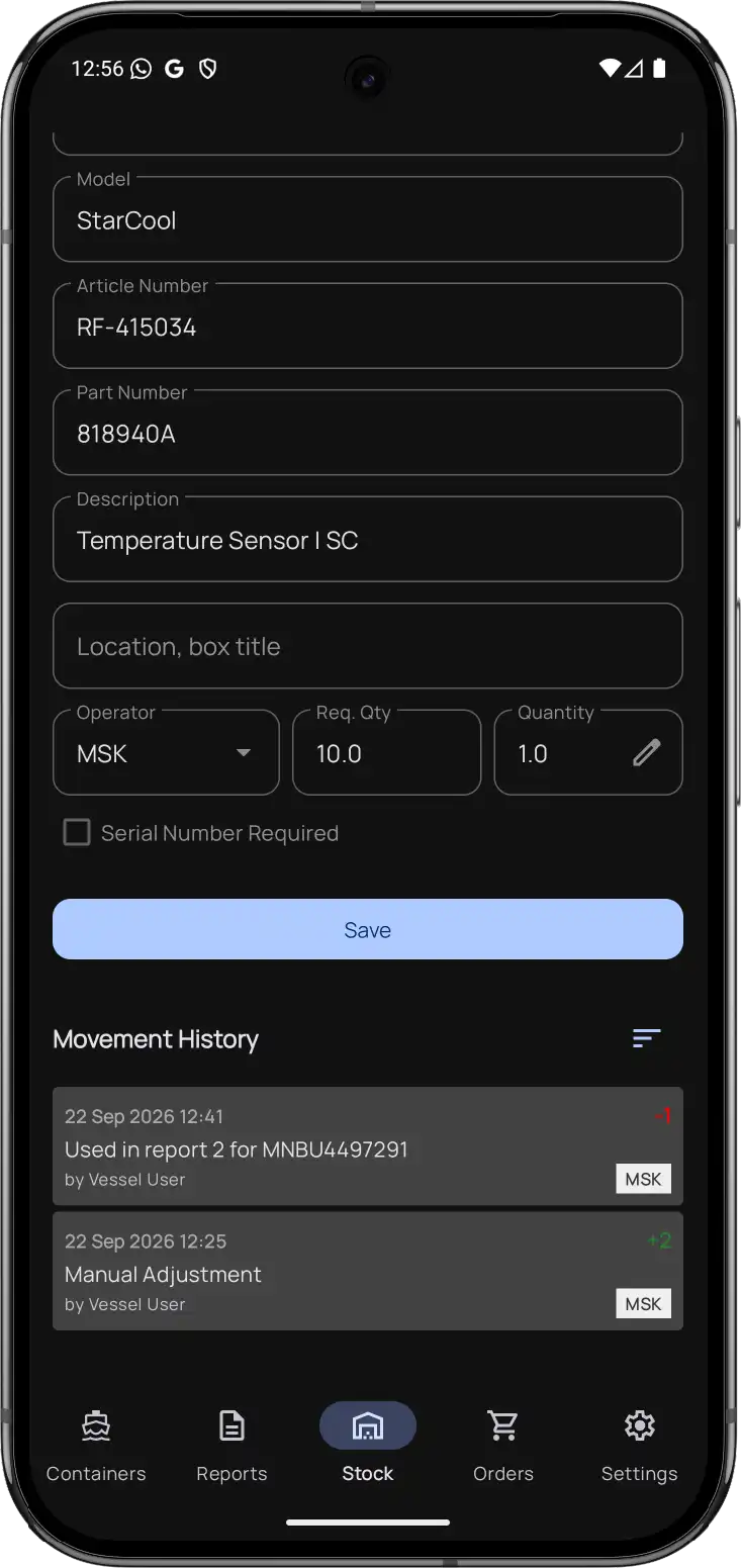 ReeferControl Android Mobile App — Spare Part Specifications & Bins