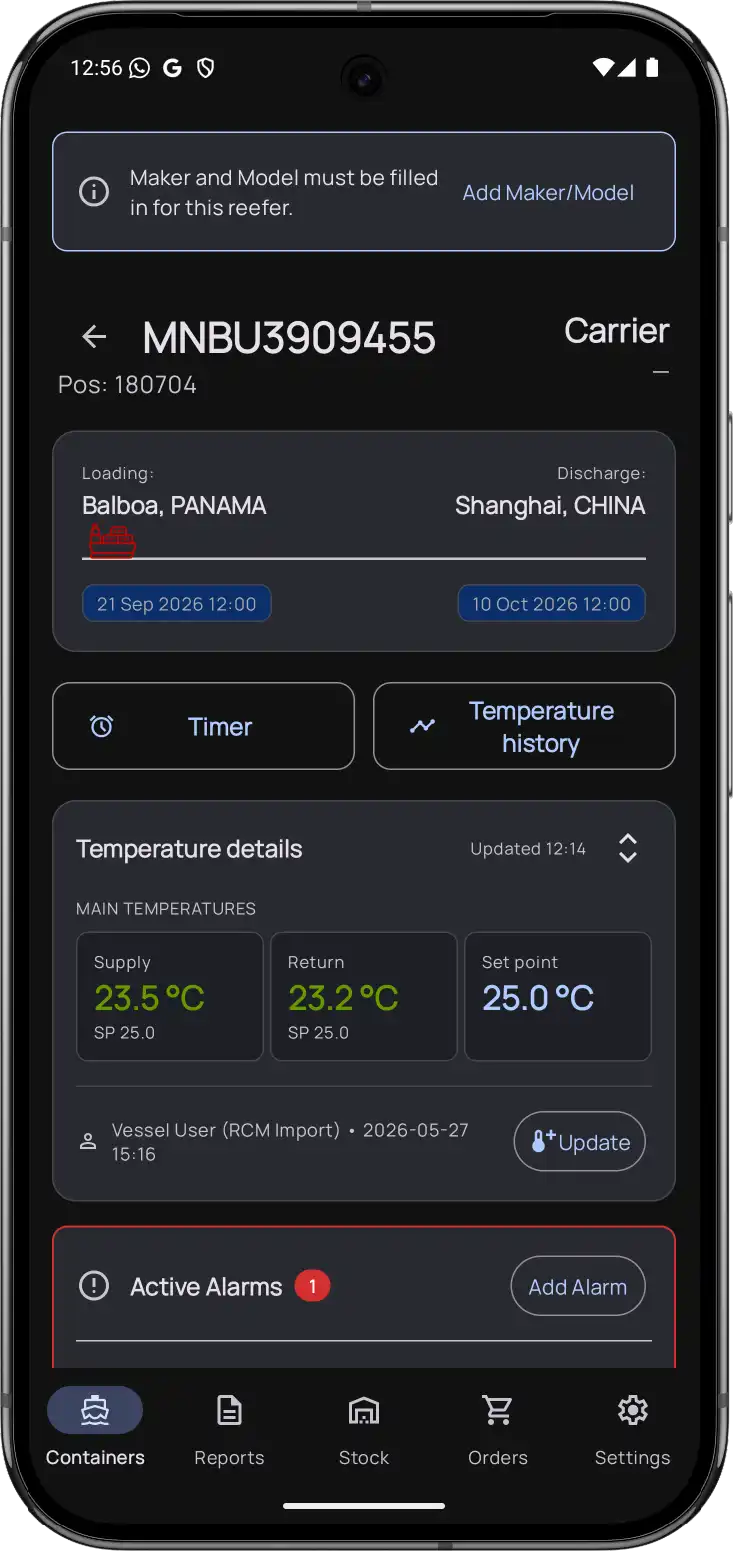 ReeferControl Android Mobile App — Container Status & Control