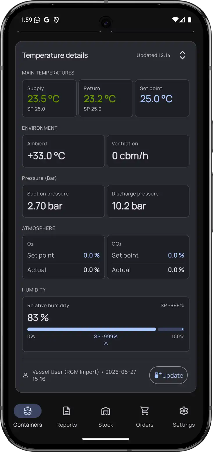 ReeferControl Android Mobile App — Telemetry & Technical Parameters