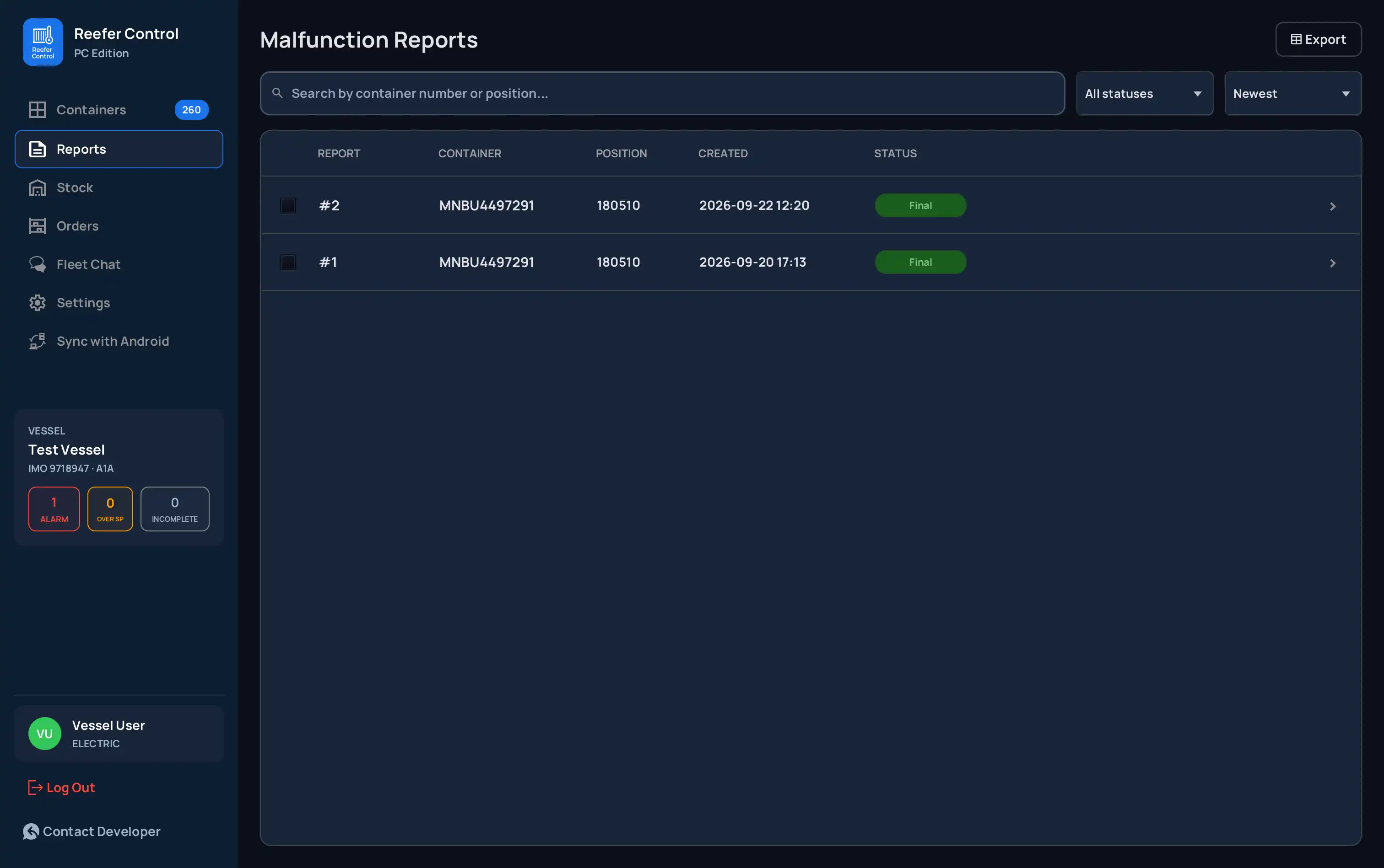 ReeferControl PC Hub — Malfunction reports list